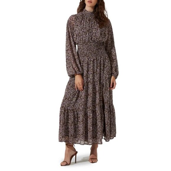 💕ASTR💕 Mock Neck Smocked Waist Maxi Dress ~ Brown & Purple Ditsy Floral M NWT - Picture 4 of 14